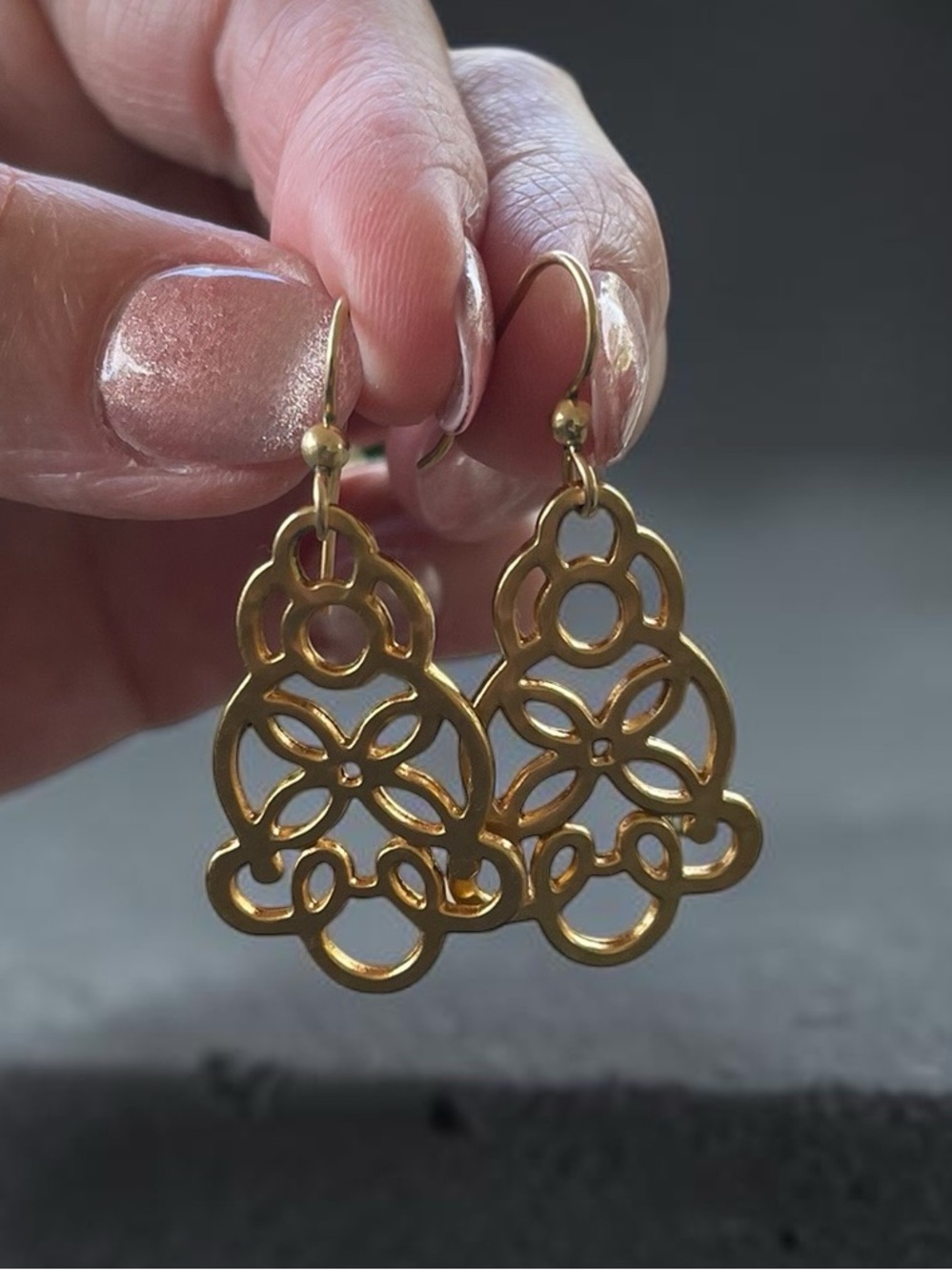 Gold Tone Open Filigree Chandelier Dangle Earrings
